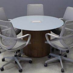 48 inches Omaha Round Conference Table, with 1/2" light gray tempered glass top and walnut tambour base, with MX3 power box shown here.