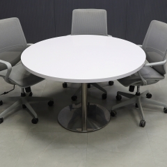48-inch California Round Conference Table with white gloss laminate top and aluminum stainless steel base shown here.