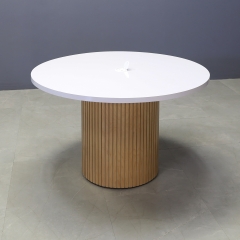 48-inch Newton Round Conference Table in white gloss laminate top and white oak tambour base, with white MX1 powerbox, shown here.