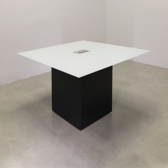 Omaha Square Conference Table With Tempered Glass Top in white top and black matte laminate, with one ellora power box shown here.