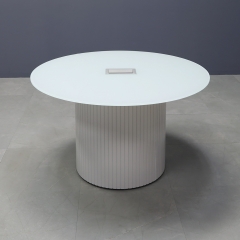 48-inch Omaha Round Conference Table in 1/2" white tempered glass top and white gloss tambour base, with silver MX3 powerbox, shown here.
