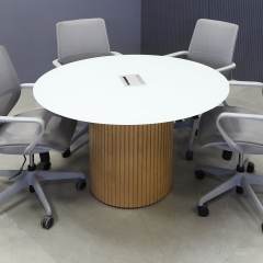 48 inches Omaha Round Conference Table, with 1/2" white tempered glass top and maple tambour base, with MX3 power box shown here.
