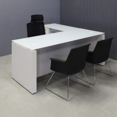 72-inch Denver L-Shape Executive Desk with return & cabinet on left side when sitting, in 1/2" white tempered glass top, dover off-white matte laminate base & cabinet and folkstone gray matte laminate privacy panel, shown here.