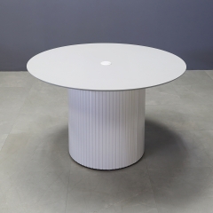 50 inches Aurora Round Conference Table In 1/2" light gray traceless engineered stone and white gloss tambour base, with MX1 power box shown here.