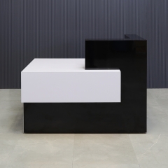 Atlanta Custom Reception Desk in black gloss countertop & base, white matte laminate front accent and workspace shown here.