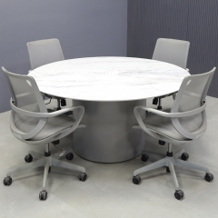 54-inch Aurora Round Conference Table in 1/2" calcutta blanc engineered stone top and fog gray matte laminate base, with white MX2 powerbox, shown here.