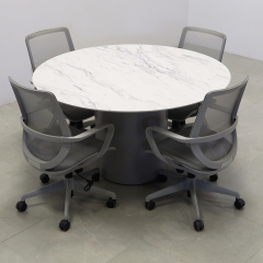 Aurora Round Conference Table With Engineered Stone Top in calcutta blanc top and fog gray matte laminate base shown here.