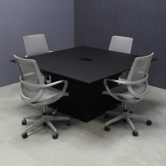 60-inch Aurora Square Conference Table in 1/2" black OPAK engineered stone top and black traceless tambour base, with black MX3 powerbox, shown here.