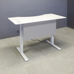 60-inch aXis Sit-stand Executive Desk with 1/2" solenne marble engineered stone top, folkstone gray matte laminate privacy panel and white metal legs shown here.