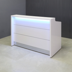 60-inch New Jersey Reception Desk in white gloss laminate desk and front panels, brushed aluminum toe-kick, with color LED shown here.