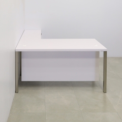 72-inch Dallas L-Shape Executive Desk W/ Cabinet left side return when sitting in white gloss laminate top, cabinet & privacy panel, with brushed aluminum legs shown here.
