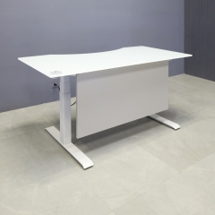 60-inch aXis Sit-stand Executive Desk with 1/2" white tempered glass top, folkstone gray matte laminate privacy panel and white metal legs shown here.