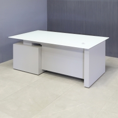 Avenue Straight Executive Desk With Tempered Glass Top, right storage side when sitting, in white top and special laminate base and storage shown here.