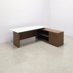 Avenue Curved Execuive Desk With Credenza and Tempered Glass Top in white top and walnut height laminate base & credenza, and privacy panel shown here.