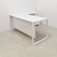 72-inch Aspen L-Shape Executive Desk with 1/2" white tempered glass top, white gloss laminate privacy panel and white metals legs shown here.
