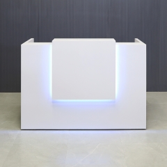 72 inches Chicago reception desk in white gloss laminate finish desk and counter, and multi-colored LED shown here.