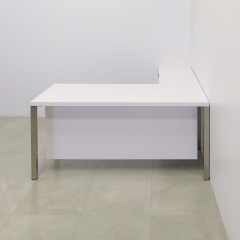 72-inch Dallas L-Shape Executive Desk W/ Cabinet left side return when sitting in white gloss laminate top, cabinet & privacy panel, with brushed aluminum legs shown here.
