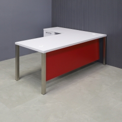 72-inch Dallas L-Shape Executive Desk with return & cabinet on left side when sitting, in white gloss laminate top and cabinet, classic red matte laminate and brushed aluminum legs, shown here.