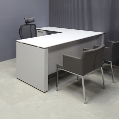 72-inch Denver L-Shape Executive Desk with return & cabinet on left side when sitting, in 1/2" white solid engineered stone top, folkstone gray matte laminate base, cabinet & privacy panel, shown here.
