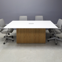 78-inch Aurora Rectangular Conference Table in 1/2" white solid engineered stone top with MX3 powerbox and white oak veneer tambour base shown here.