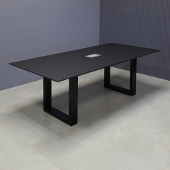 84-inch Aurora Rectangular Conference Table in 1/2" black OPAK engineered stone top and black aluminum and laminate base, with MX3 powerbox shown here.