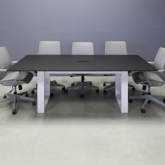 84-inch Aurora Rectangular Conference Table in 1/2" black OPAK engineered stone top and white metal u base, with black MX3 powerbox, shown here. 