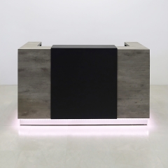 84-inch Custom Chicago Reception Desk in concrete PVC desk, black traceless laminate counter and brushed aluminum toe-kick, with white LED shown here.