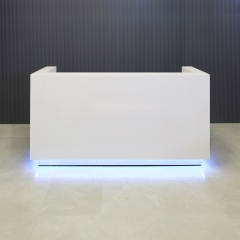 84 inches Dallas U-Shape Reception Desk in White Gloss Laminate Desk and Brushed Aluminum Toe-kick, with multi-colored LED shown here.
