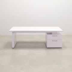 84 inches Avenue Straight Executive Desk In White Gloss Laminate Top and base, with storage with two drawers shown here.