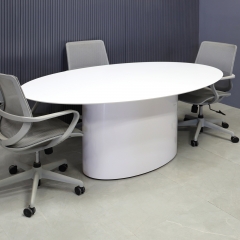 84-inch Aurora Oval Conference Table in 1/2" white solid engineered stone top and white gloss laminate base, shown here.