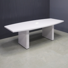 90-inch Newton Boat Shape Conference Table in white gloss laminate top and standard base, with white MX2 powerbox, shown here. 