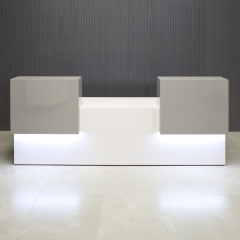 Los Angeles Double Counter ADA Compliant Custom Reception Desk in white gloss counters and desk, with multi-colored LED shown here.
