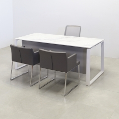 Aspen Straight Executive Desk With Engineered Stone Top in calcutta blanc top, fog gray matte laminate privacy panel and white metal legs shown here.