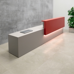 Los Angeles Long and ADA Compliant Custom Reception Desk in classic red matte laminate counter and fog gray matte laminate desk, with warm white LED shown here.