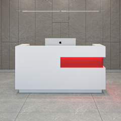 Manhattan U-Shape Custom Reception Desk in classic red gloss laminate accent panel and white matte laminate main desk, with white LED shown here.