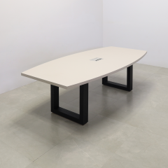 92 inches Newton Boat Shaped Conference Table in Beige Traceless Laminate Top with one Ellora power box and Black Traceless open legs shown here. 